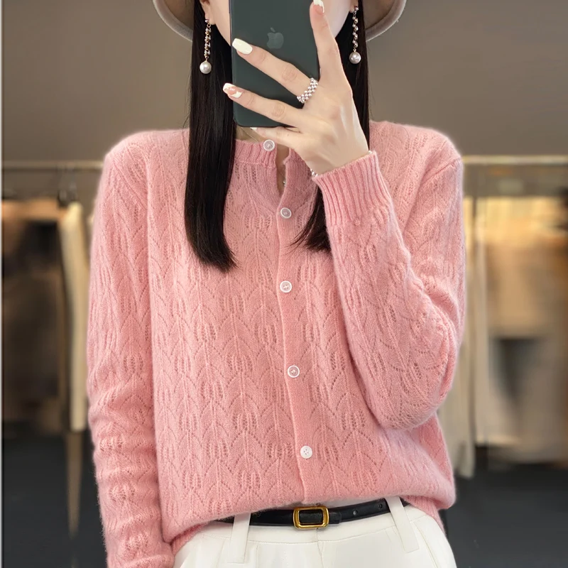 Wool Cardigan Sweater Women O-neck Long Sleeve Top Knitted Korean Style Hollow Out New In Outerwear Mujer Knitwear Spring Clothe