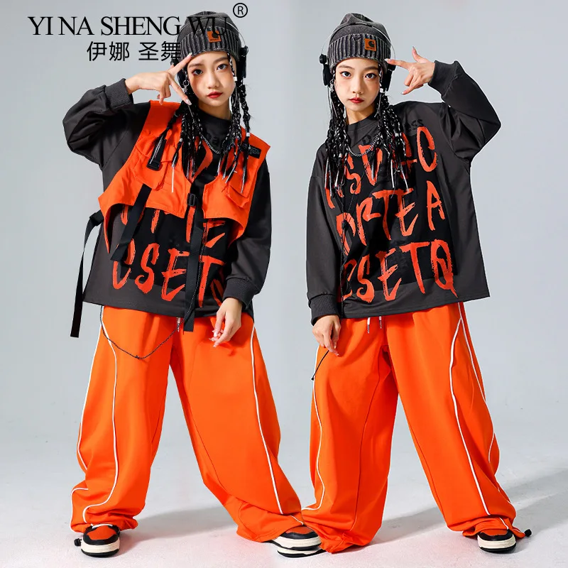 Jungen Hip Hop Set Sweatshirt Weste Cargo Hosen Mädchen Jazz Street Dance Kostüm Kinder Kleidung Kinder K-pop Streetwear