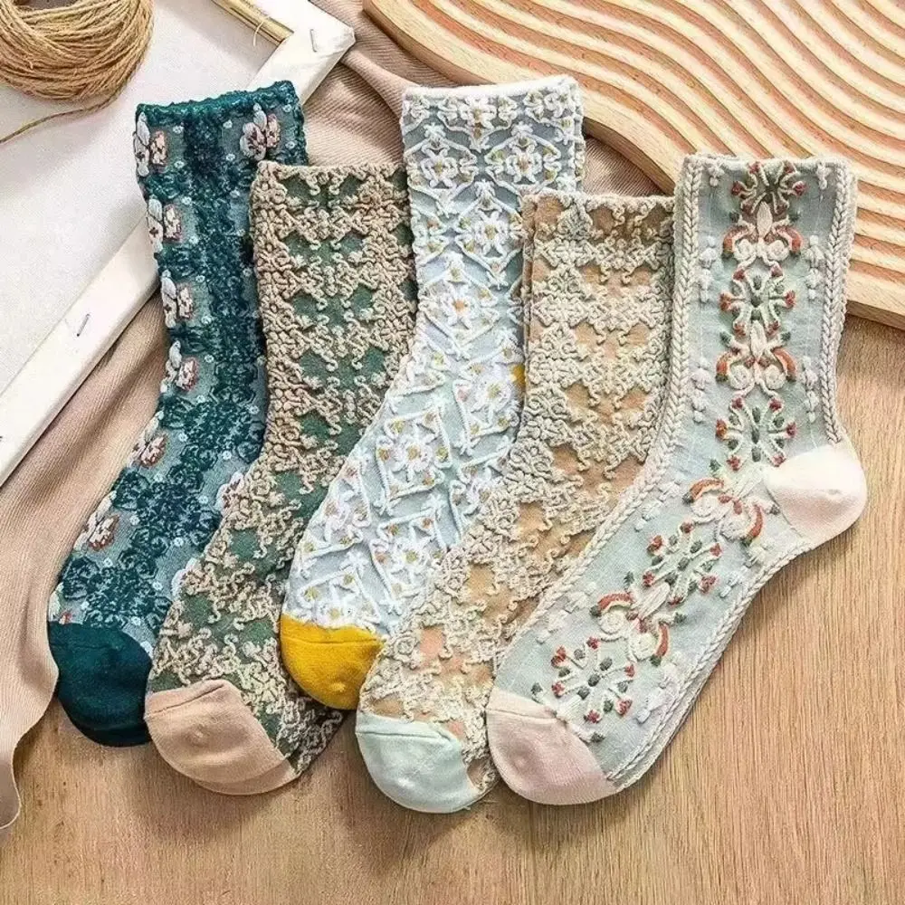 5 Pairs Cute Flower Women's Socks Ankle Cotton Blend Geometric 3D Textured Floral Socks Lucky Socks Cottagecore Mid Length Socks