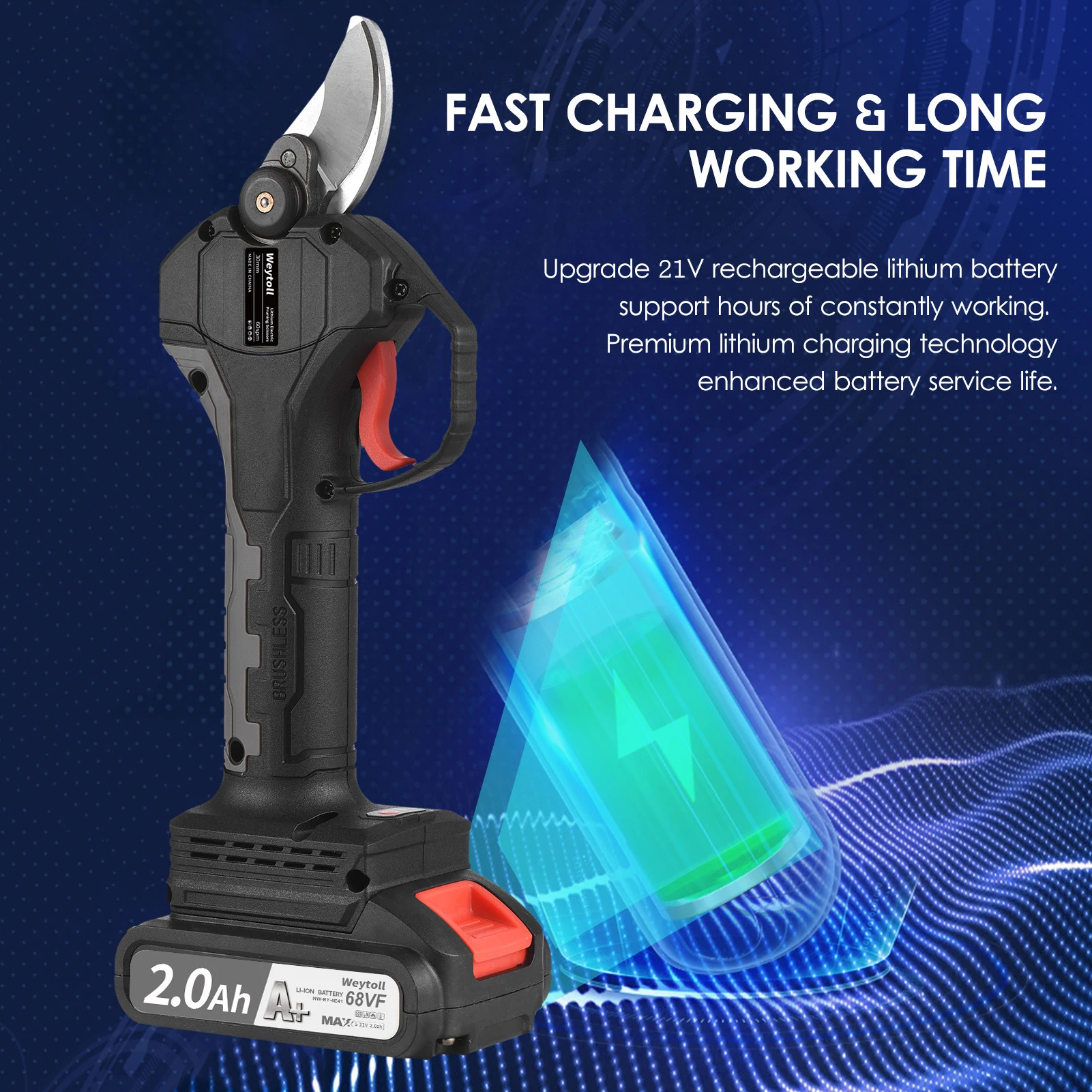 21V Brushless Cordless Electric Pruning Shears Rechargeable 10Ah Lithium Battery Powered Tree Branch Pruner Garden Clippers