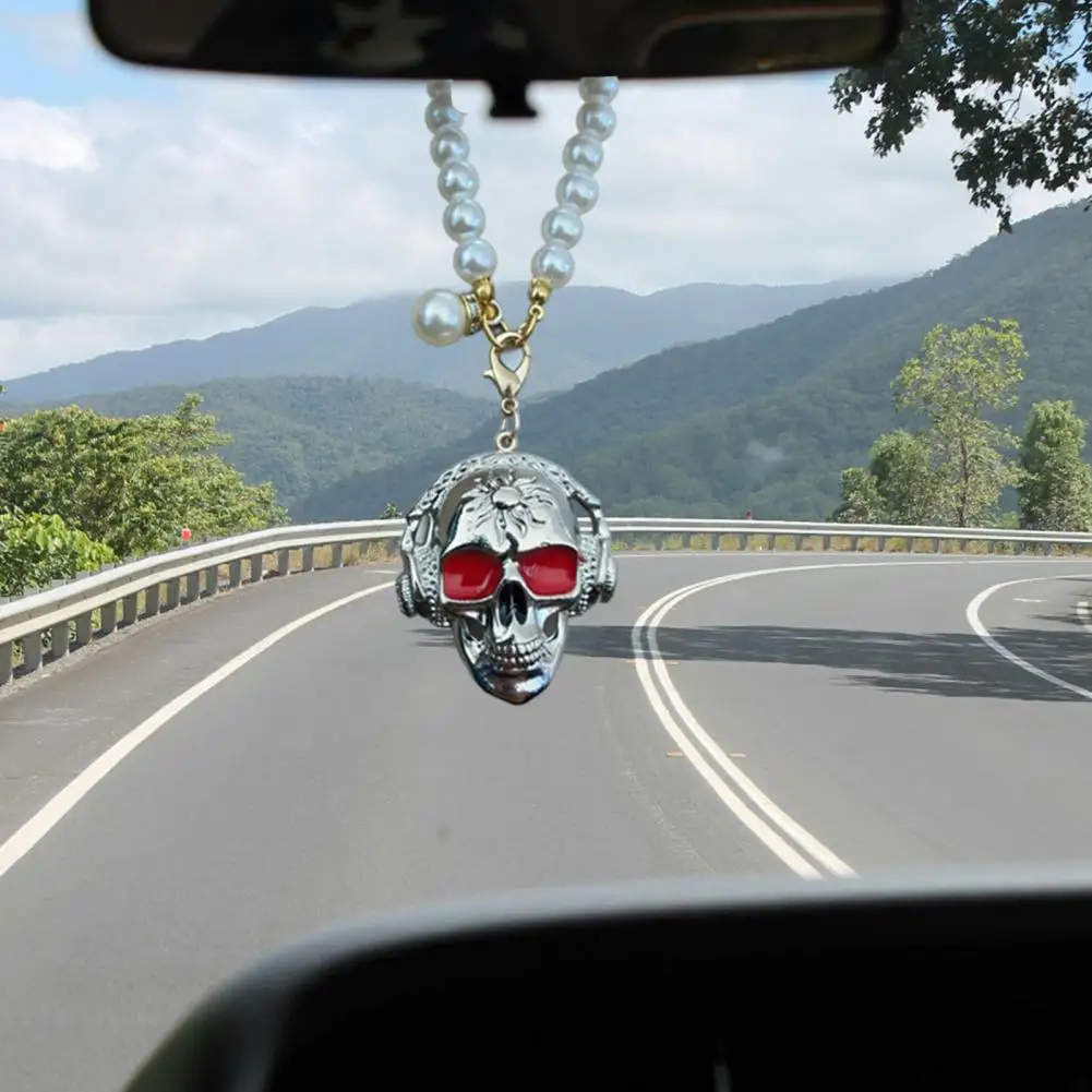 Skull Car Mirror Hanging Ornament Black White Car Decor Skull Car Hanging Ornament Faux Pearl Chain Auto Rear View for Men view 6