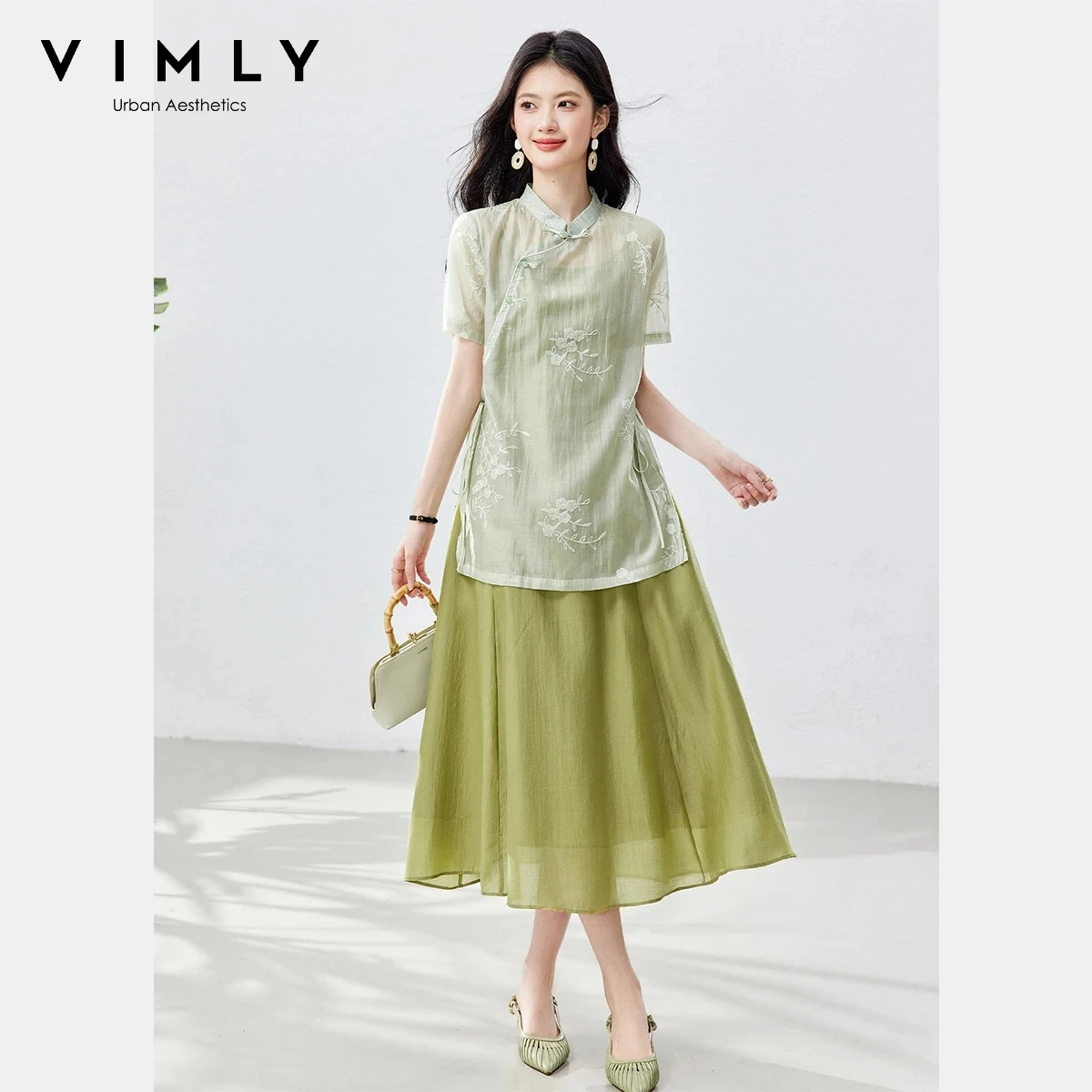 

VIMLY Women 2-Piece Chinese Dress Outfit Mandarin Collar Drawstring Tie Waist Shirt Cami Dress Summer Casual Matching Set A6151