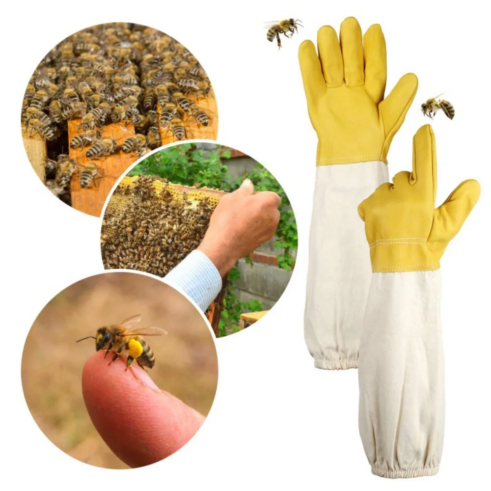 1 Pair Safe Professional Beekeeping Gloves Anti-bee Apiculture Canvas Sheepskin Gloves Anti-sting Protect Beekeeping Tools