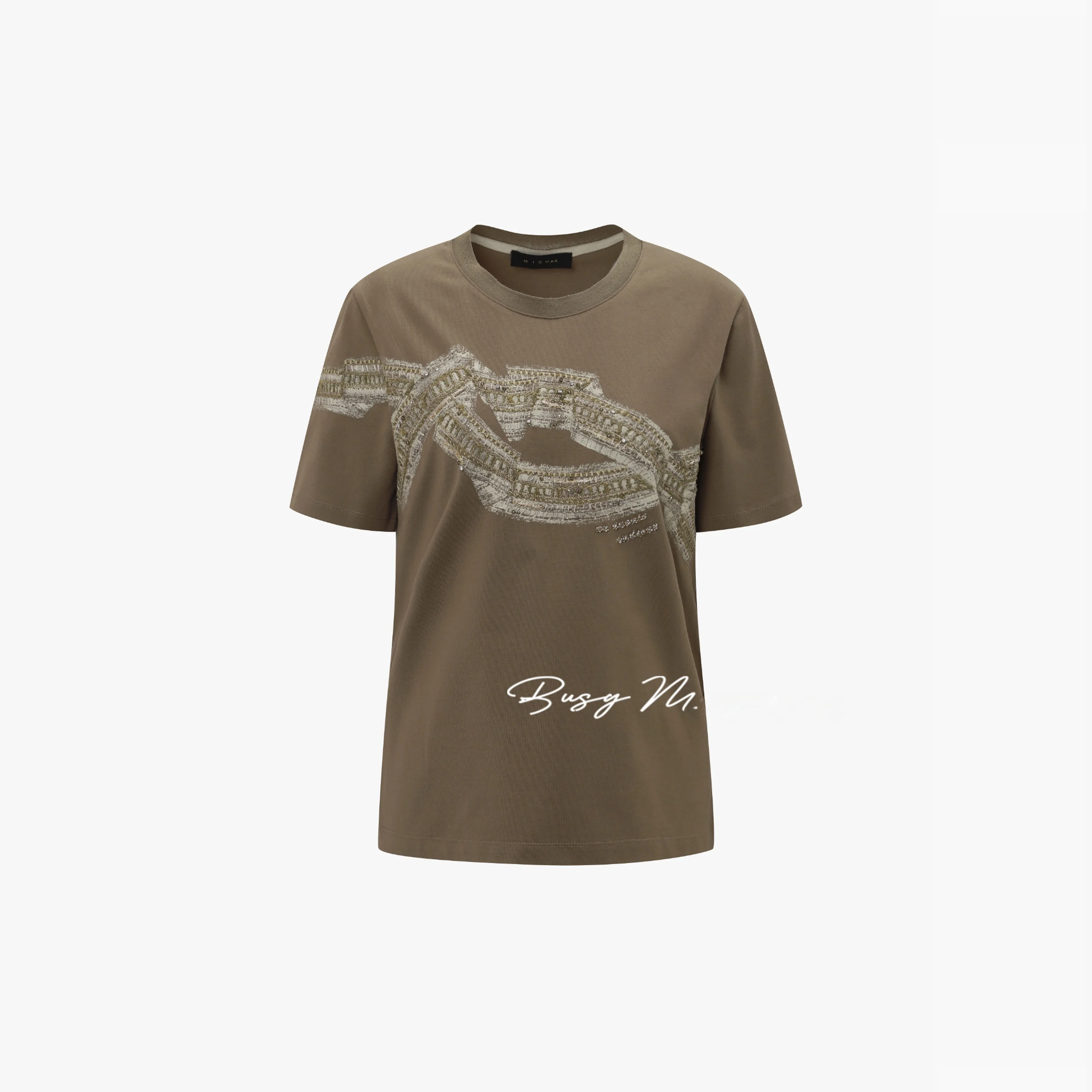 Ultra-Heavyweight 00% Cotton round Ne Sequin Embroidery ort Sve Slimming Top Commute Versatile Korean Sle T-irt