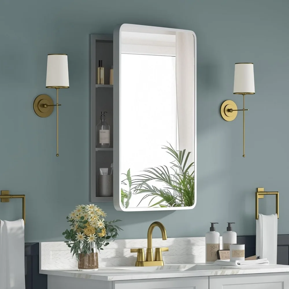 Silver Medicine Cabinet Mirror 16x24 Recessed Surface Wall Mount Two Adjustable Shelves