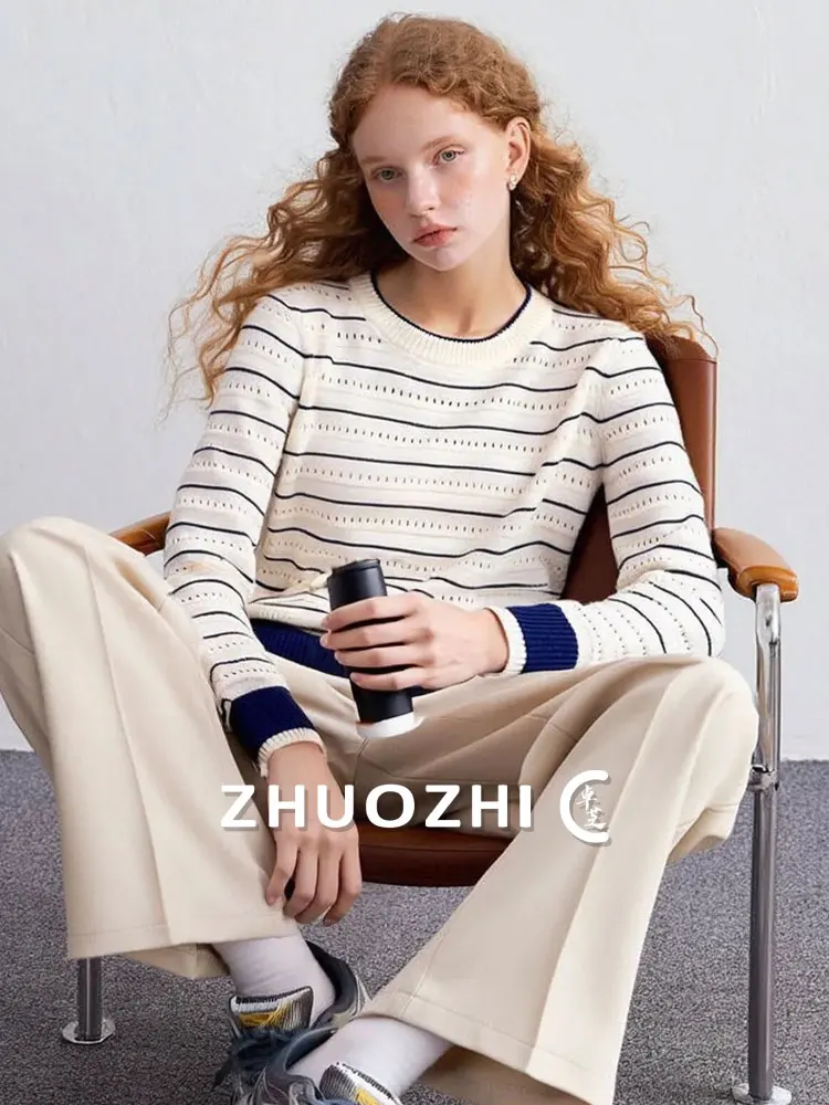 

ZhuoZhi Nautical Striped Hollow Knitted Sweater Faionable Versatile Base Layer Top Soft French Sle Long Sve round Ne