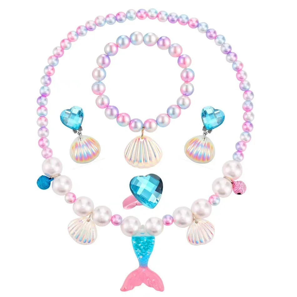 Mermaid Necklace Set for Girls - Sparkling Fish Tail Shell Bracelet & Earrings - Princess Jewelry Gift for Kids