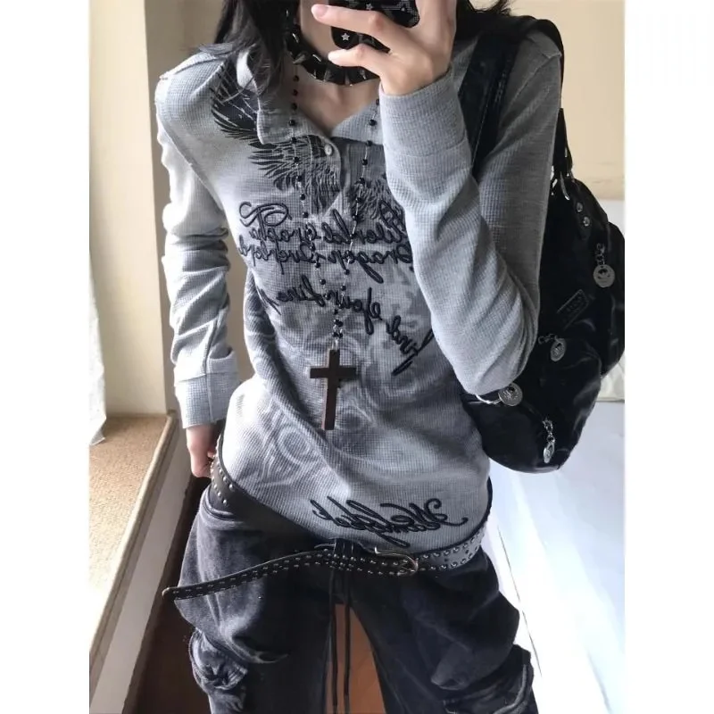 

EarlySpringNew Female Gray Totem Print Half-Open Collar Button Long Sleeve T-Shirt Female Spring Autumn Slimming Bottoming Shirt