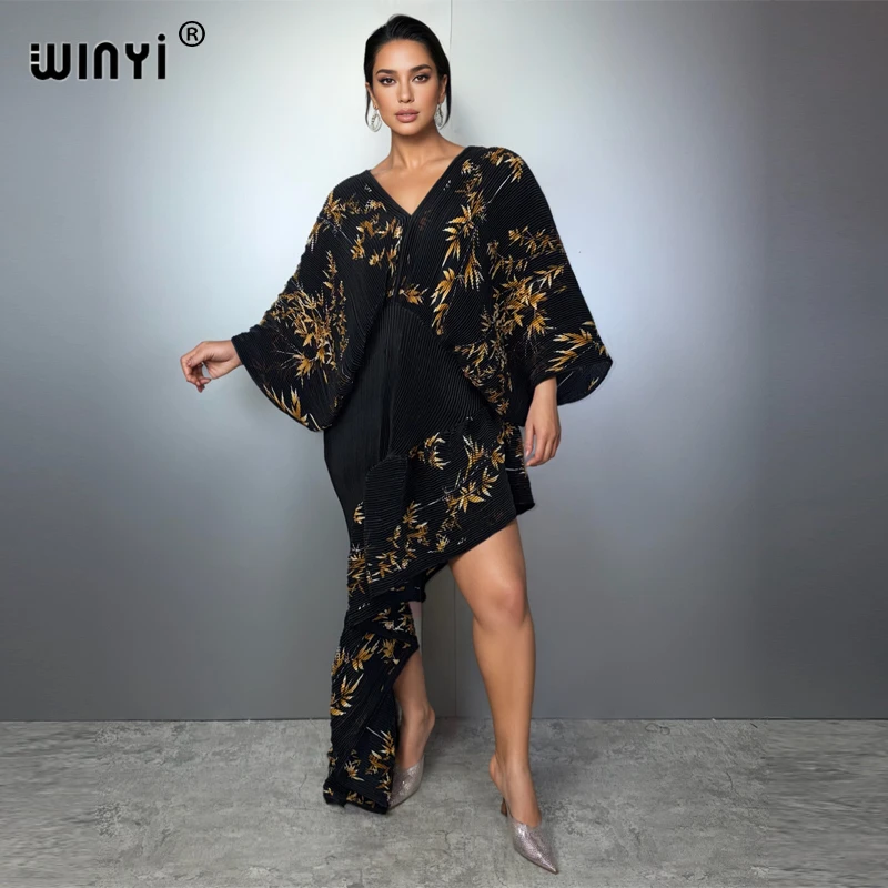 WINYI Africa Gorgeous party style dress Elegant Pleated Elastic  Maxi Kaftan Beach wear Luxury Party Evening Dubai Style Abaya