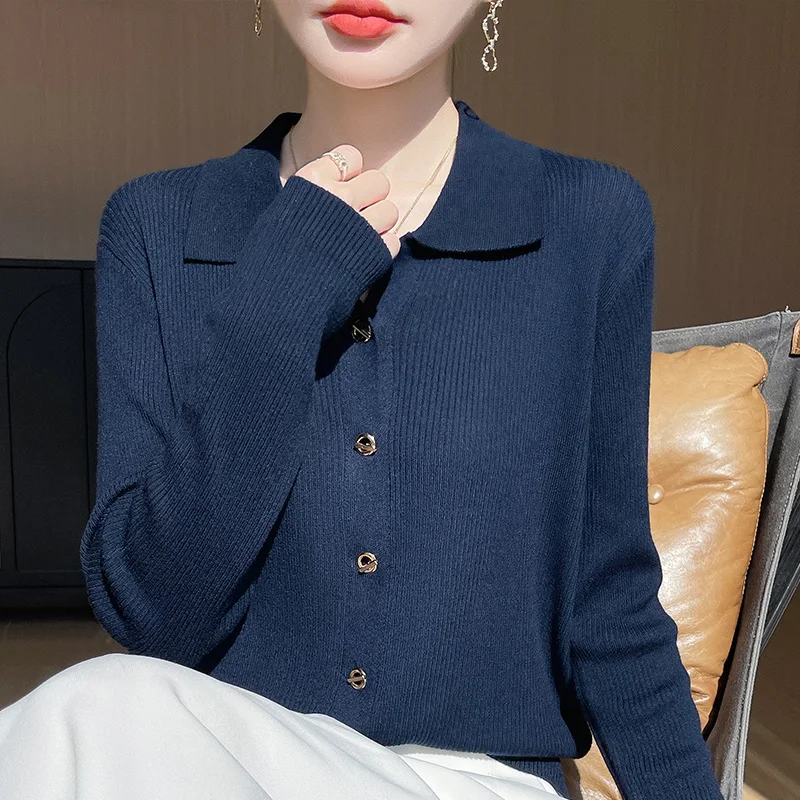 Primavera e outono novo polo manga longa base de lã design premium cor sólida gola de malha cardigan camisola casaco topo