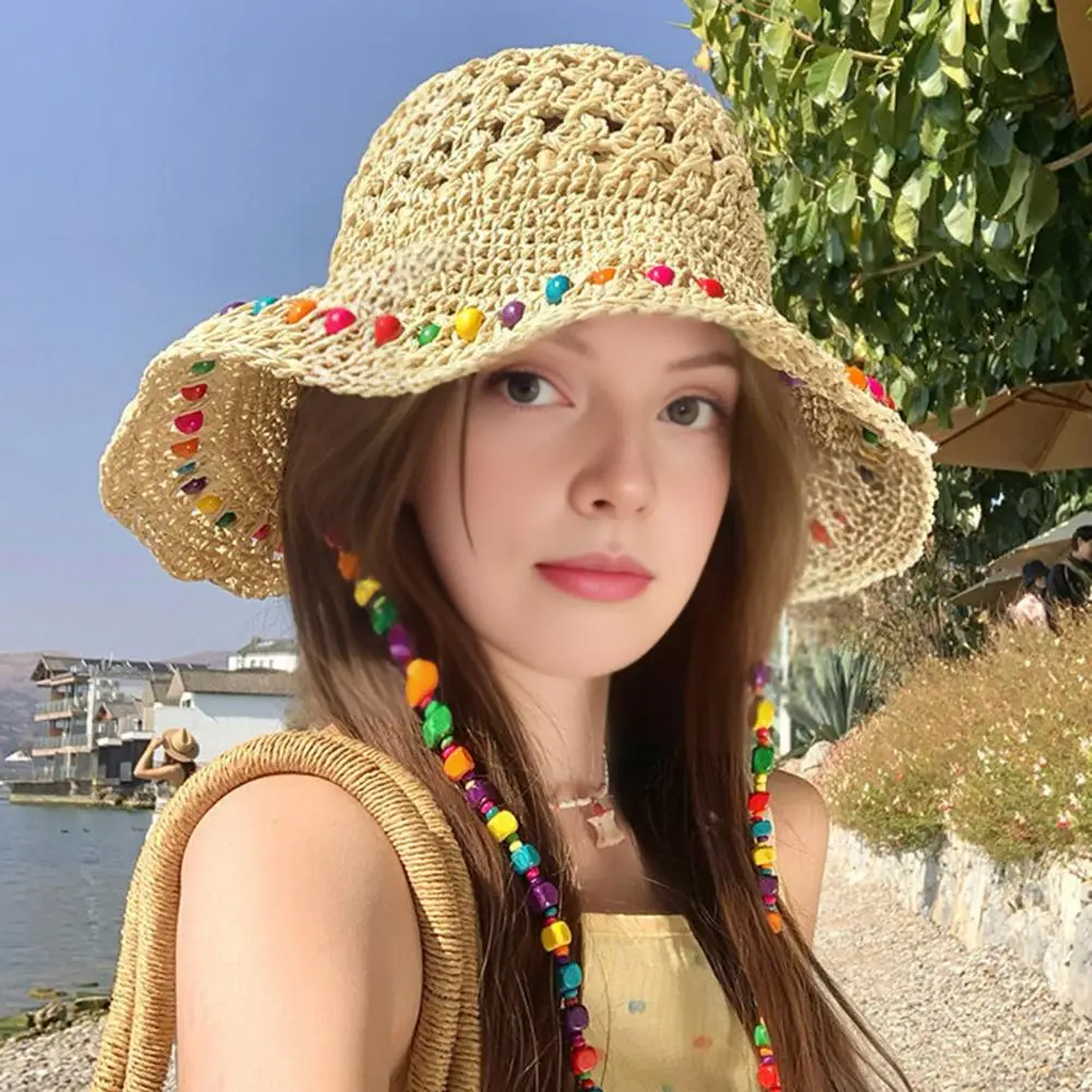 

Straw Hat Large Brim Sun Protection Wide Brim Beach Hat with Ethnic Beads Chain Decoration Hollow Breathable Basin Hat Summer