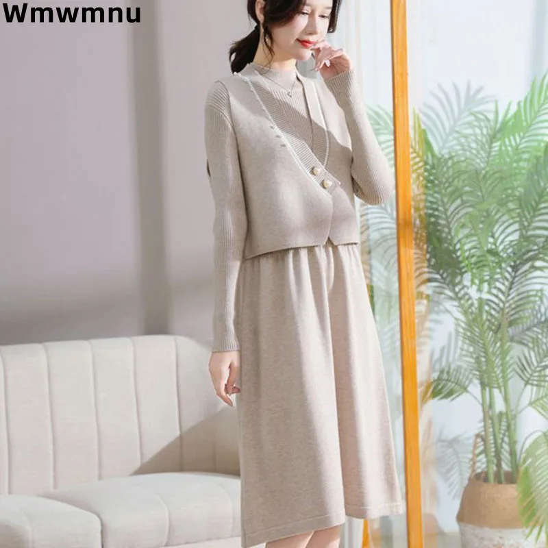 

Spring Fall Knitted Dresses 2 Piece Set Vintage Half Turtleneck Sweater Dress Conjuntos Elegant V-neck Waistcoat Women Outfit