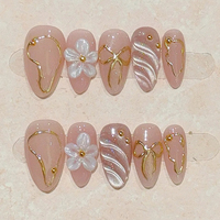 10Pcs Nude Pink Press on Nail Gold Stripe Bow Design Stick-on Nail Set Reusable Short Almond 3D Flora White French Acrylic Nails