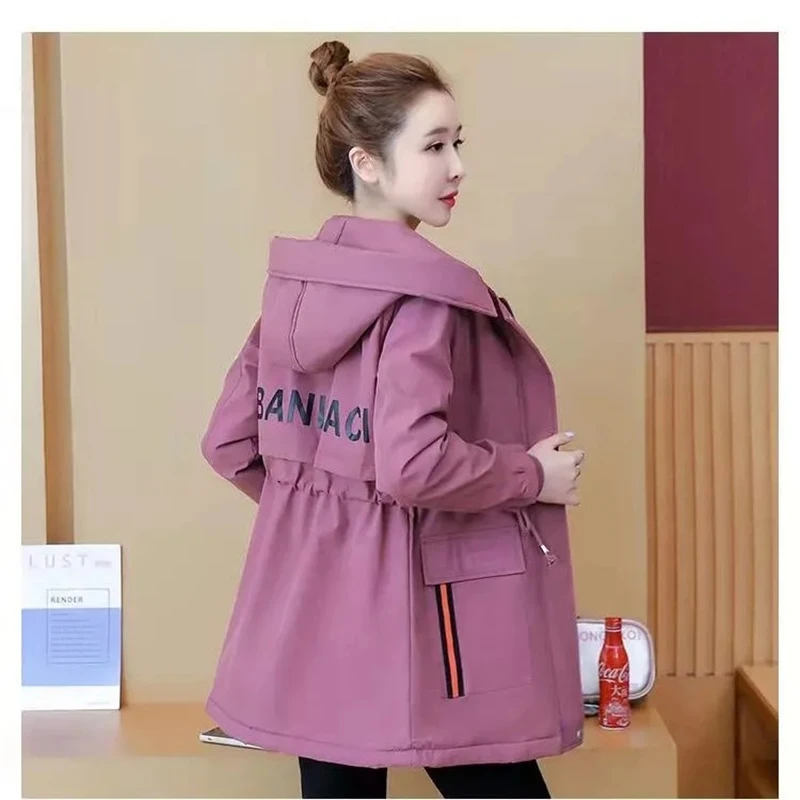 2025 Fashion New Korean All-match Hooded Women Trench Coat Autumn Windbreaker Winter Jacket Thick Warm Fleece Mid-Length Outwear