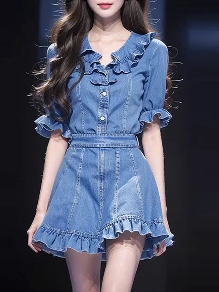 

Elegant Ruffled Hem Denim Mini Dress VONDA 2024 Women Summer Sundress Short Robe Casual V-neck Ruffled Short Sleeve Vestidos