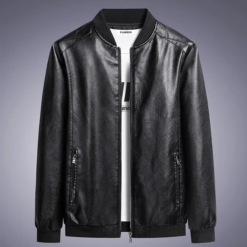 Men Faux Leather Jacket Coats Full Sleeve Round Neck Casual Pockets Zipper Jackets Splice Simple Slim Fit Coat Autumn Winter