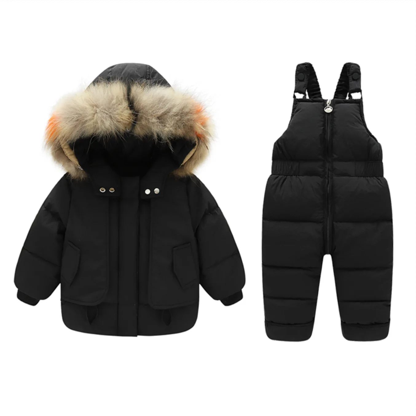 Winter children's down jacket set Korean version big fur collar two-piece set for boys and girls baby overalls