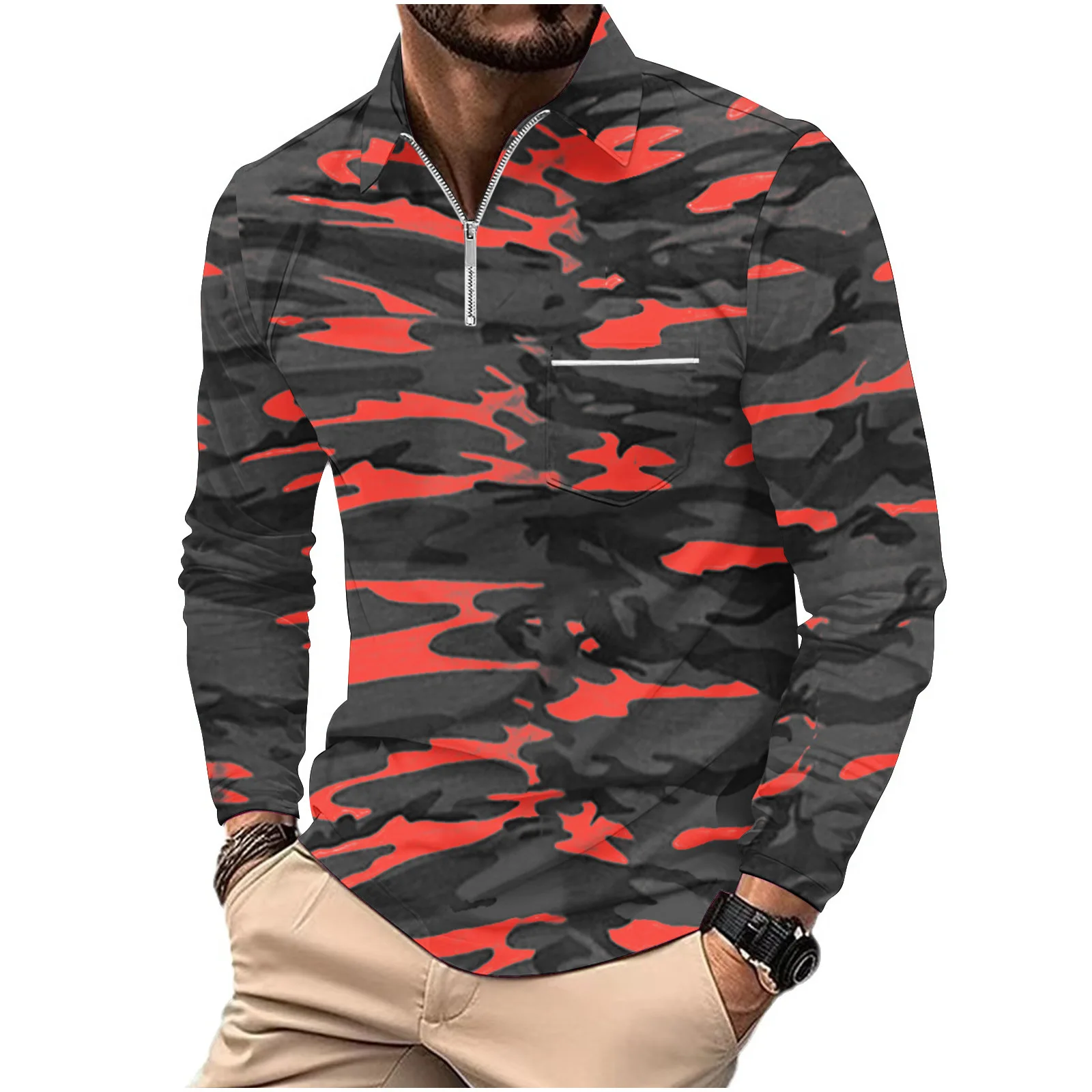 2024 New Spring Workwear style Lapel zipper vintage camouflage 3D printing European and American men's outdoor long-sleeved polo