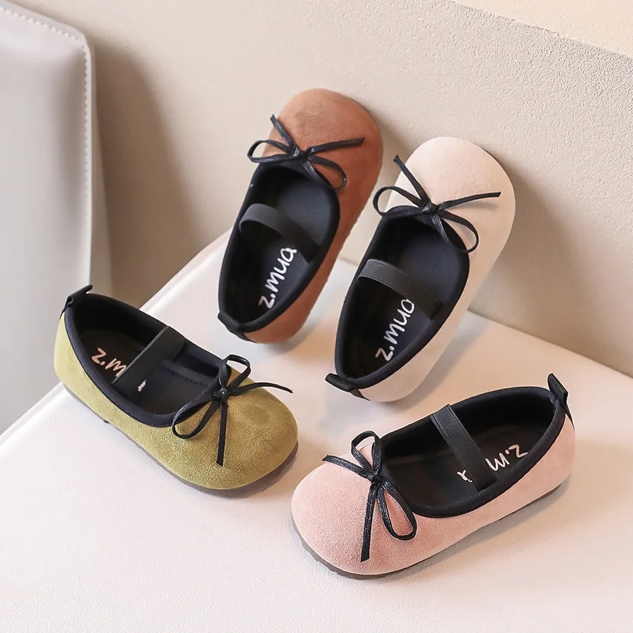 Girls Mary Janes 2024 Spring New Fashion Kids Soft Moccasin Shoes Bow Simple Non-slip Elastic Band Children Casual Shoes Korean