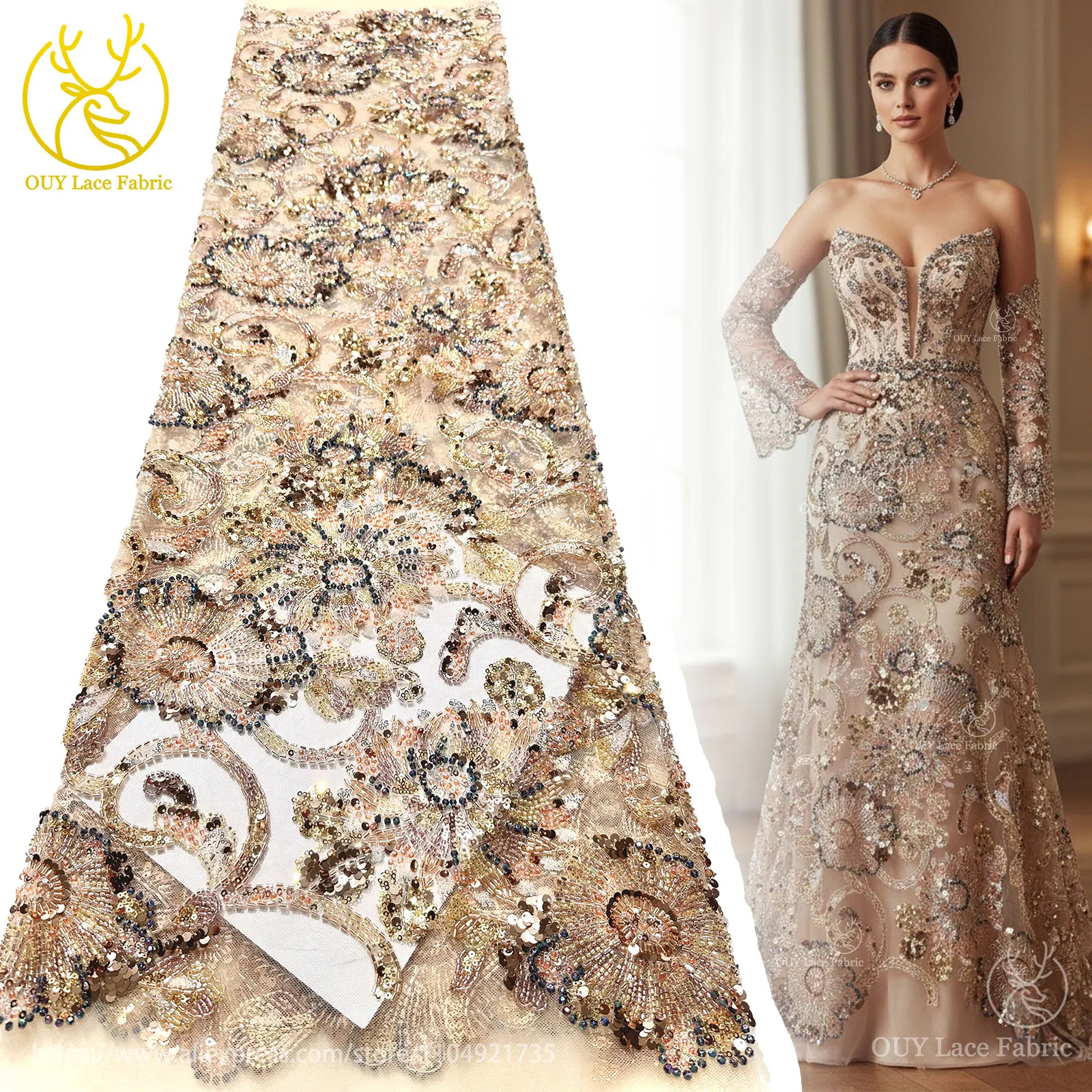 

2025 Роскошная африканская кружевная ткань с бисером, 5 ярдов, высокое качество, французская нигерийская сетчатая кружевная ткань с блестками для вечерние свадебных платьев