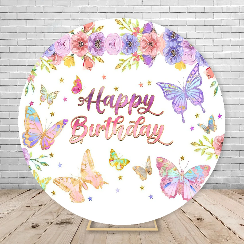 Girl\'s Birthday Round Backdrop Cover Butterfly Flowers Party Decor Baby Shower Photography Backgrounds For Photo Studio