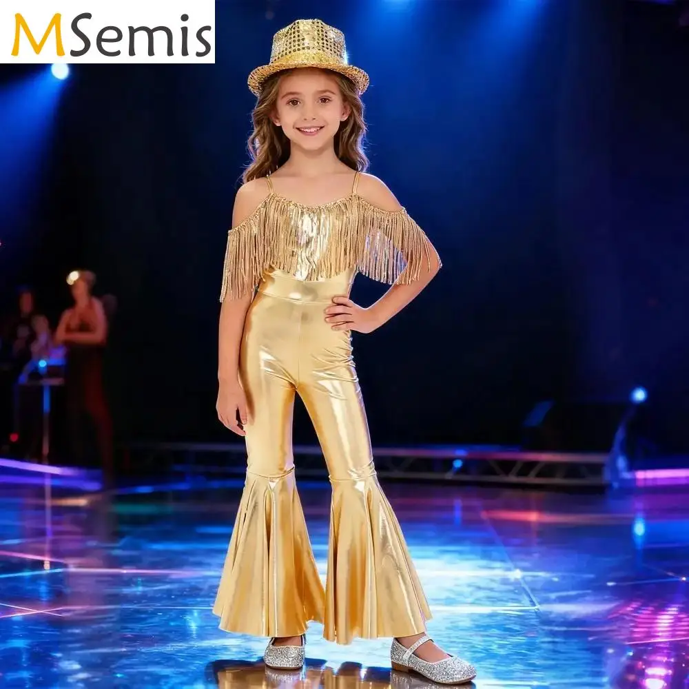 

Детский блестящий сценический костюм для девочек с высокой талией, расклешенный комбинезон для джазовых танцев, дискотеки, хиппи, наряд для банкета, вечеринки