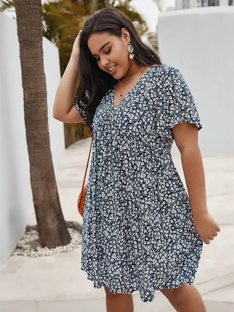 여름 코튼 뉴 플러스 사이즈 캐주얼 드레스 패션 숙녀 섹시한 v 넥 꽃 짧은 소매 드레스