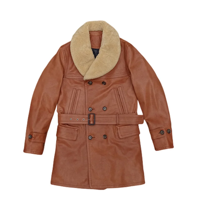 Orange Winter Long Leather Jacket Men England Style Plus Size 3XL Genuine Natural Cowhide Double Breasted Windbreaker Coat