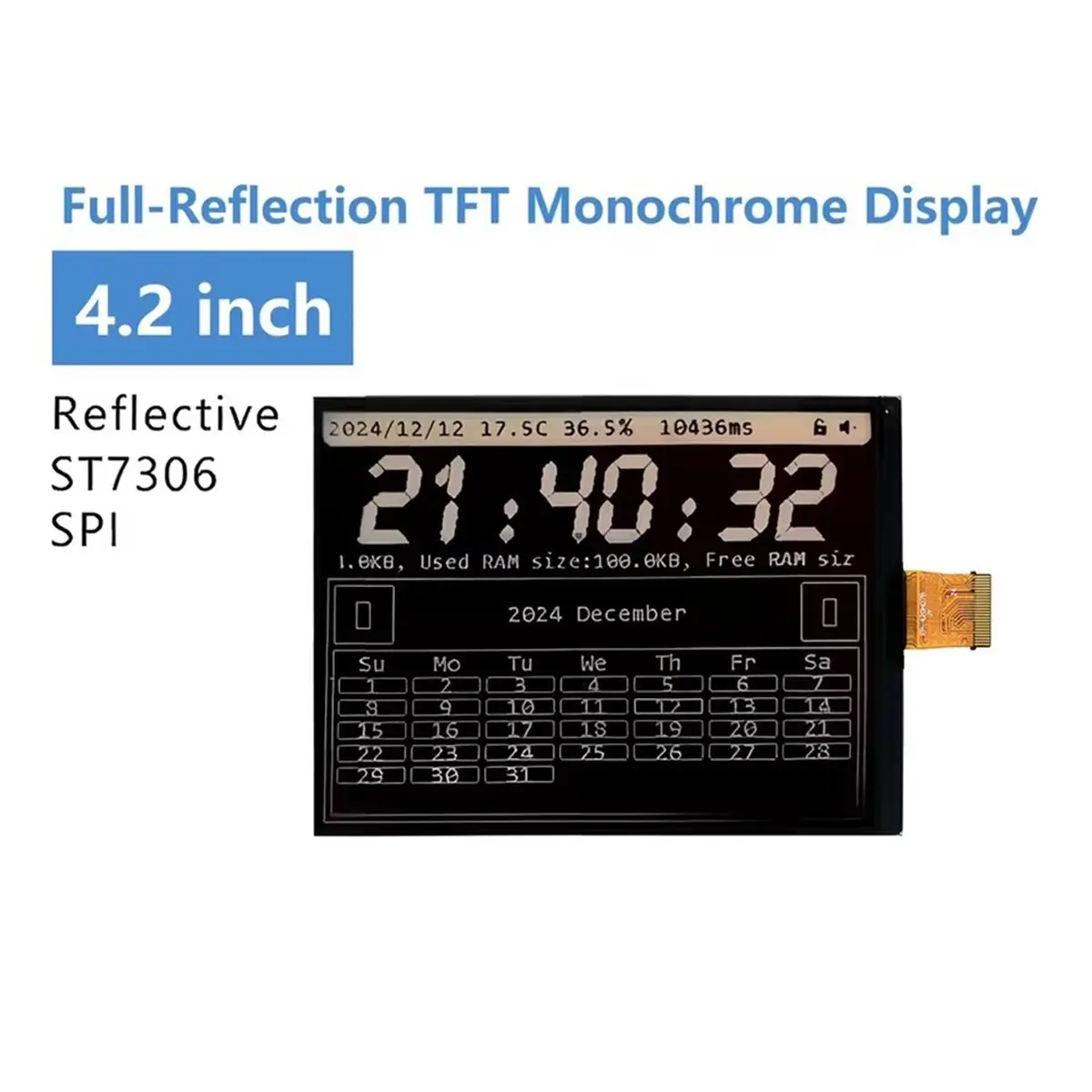 DT89 NEW 4.2 Inch Full-Reflection TFT Monochrome Display, ST7306 Driver IC, 24-Pin SPI Interface