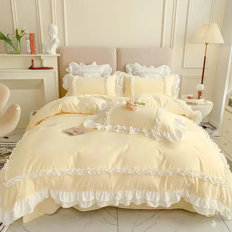 200X230Cm Korean Princess Lolita Bed 4-Piece Set Solid Washed Cotton Breathable Bed Sheet Duvet Cover Bedding Set with Lace
