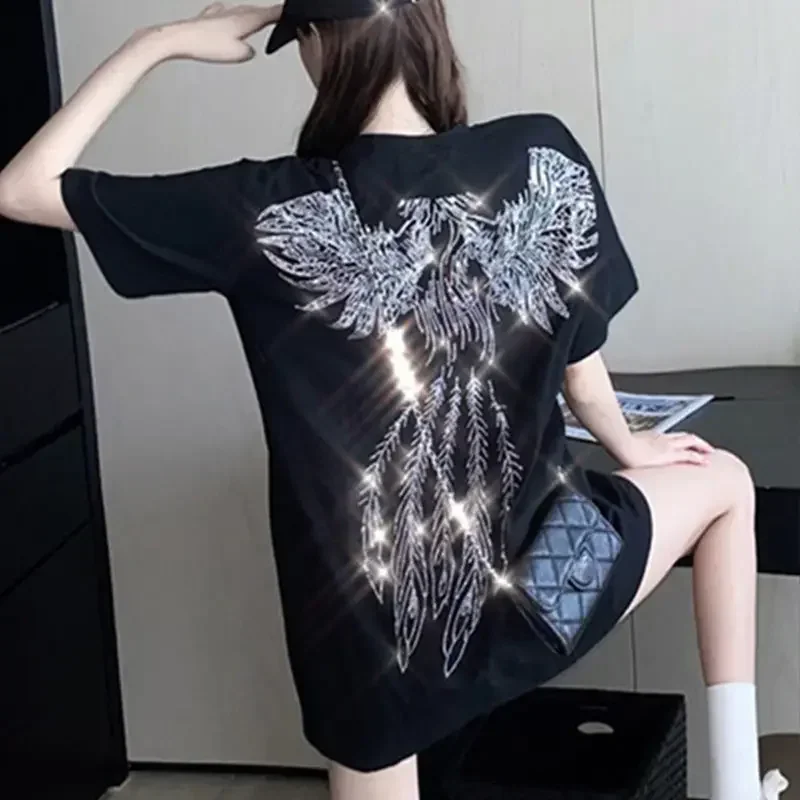 Top Female Glitter Baggy Women's T-shirt Sequin Summer Outfit Rhinestone Graphic White 2024 High Quality Kpop Yk2 Korean Sale