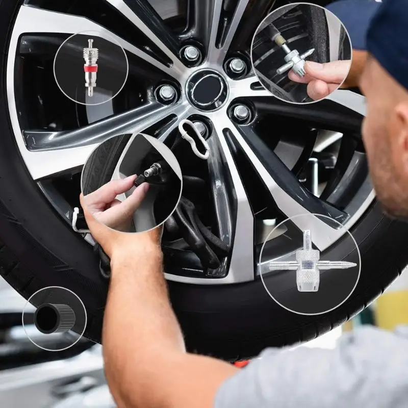 Tire Service With Four Way Stem Single and Double End Removers, Spare Inserts and Covers for Routine Tire Care