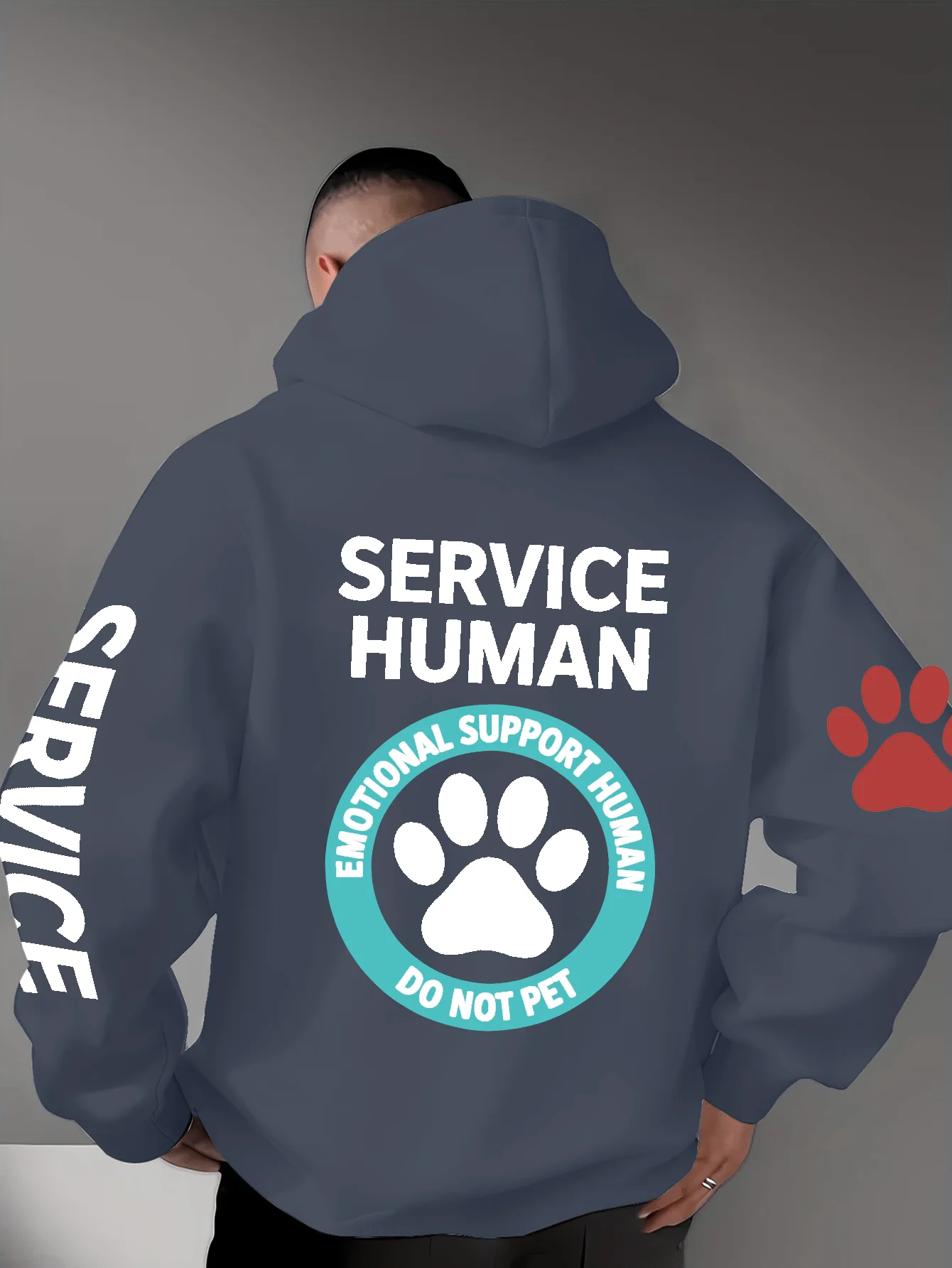 Men Winter Casual Hoodie Emotional Support Human Do Not Pet Letter Paw Pattern Back Print Pullover Hooded Sweatshirt