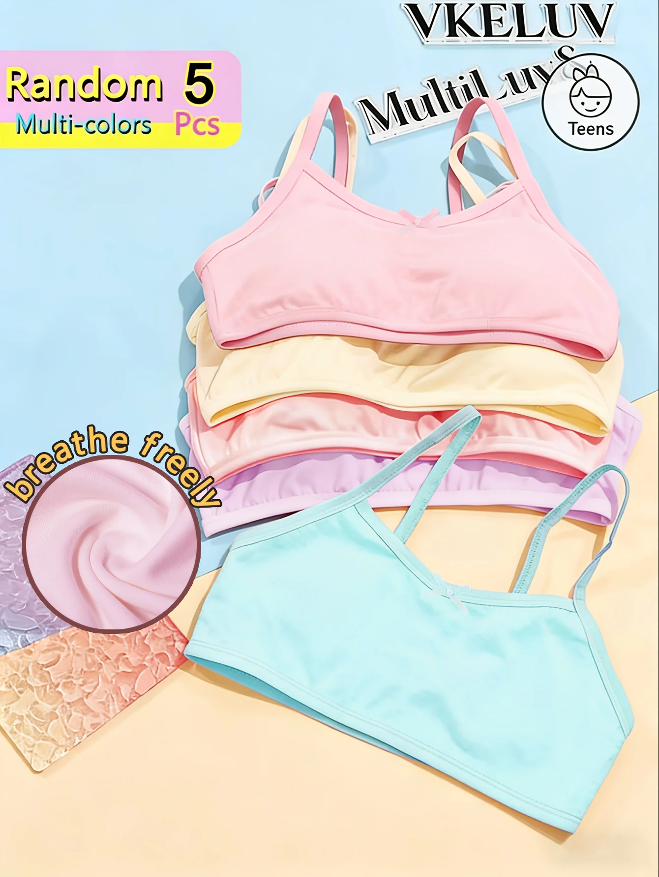 Random 5-Piece Set of Girls' Camisole Underwear for the Developmental Period, Soft Cotton with Thin Straps, Random Colors