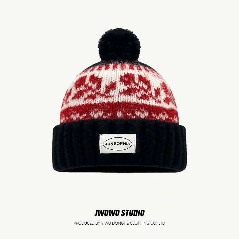 Fashion Fair Island Style Jacquard Woolen Hat Women Winter Color-blocked Wool Knitted Cap Outdoor Casual Warm Windproof Brim Cap