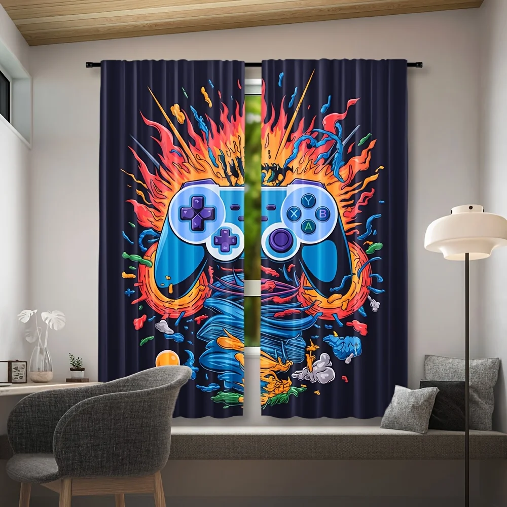 3D Game Controller Curtain, Neon Joystick Gamer Print Drape, Cool E-sports Window Treatment for Boys Bedroom Living Room Home