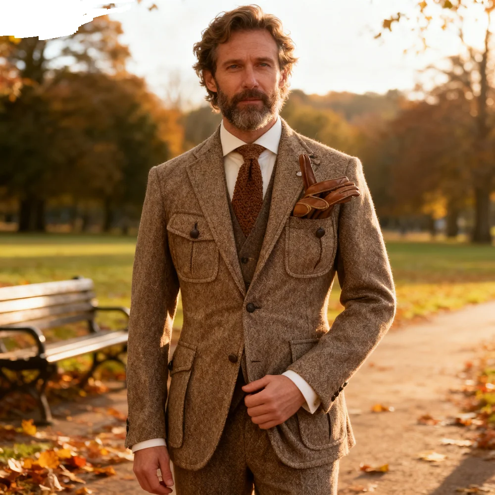 

Men's Brown Tweed Blazer Smoking Single Breasted Formal Business Wedding Suit XS-6XL Fish Spine Design Cashmere Jacket