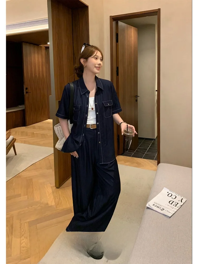 

plus Size Denim Set ort Sve Straight Leg Jeans Blue Cotton irt for Plump Sister Faionable Two Piece Suit Summer Coll...