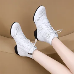 Zapatos de baile modernos para mujer, botas de cuero hueco, zapatos de baile modernos suaves, zapatos de baile cuadrados, zapatillas de deporte