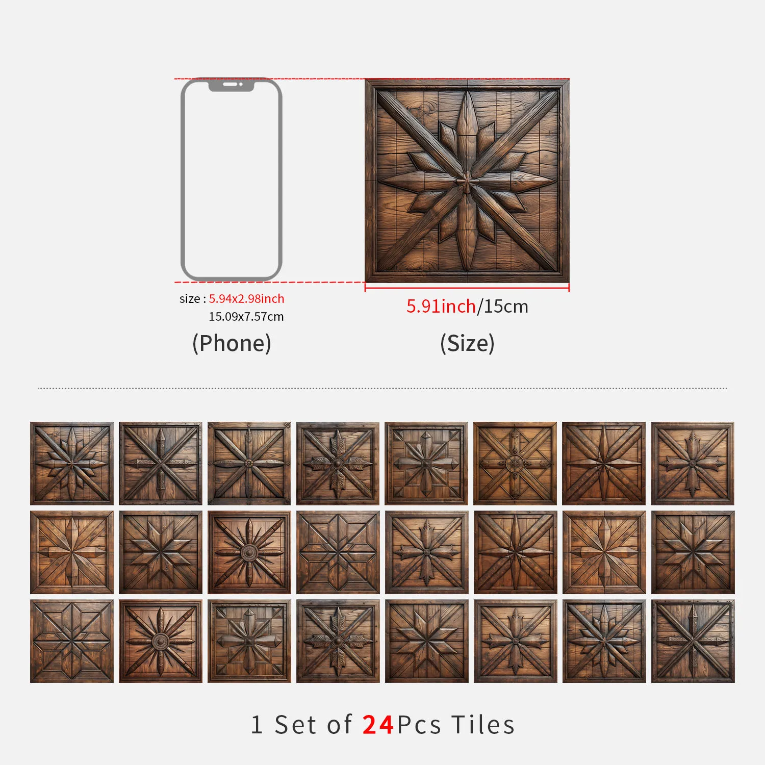24 Pcs 15x15cm Self-Stick Floral Tile Wallpaper, Waterproof PVC Skin Texture for Countertop, Living Room, High-Contact Areas