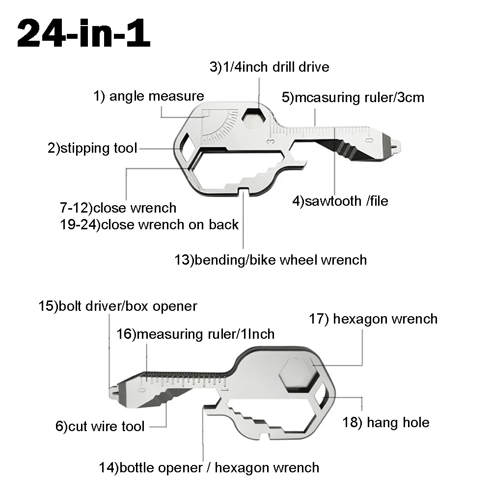 24 in 1 Multitool Key Stainless Steel EDC Key Ring with Screwdriver/Bottle Opener Portable Outdoor Camping Gadgets & Home Tools