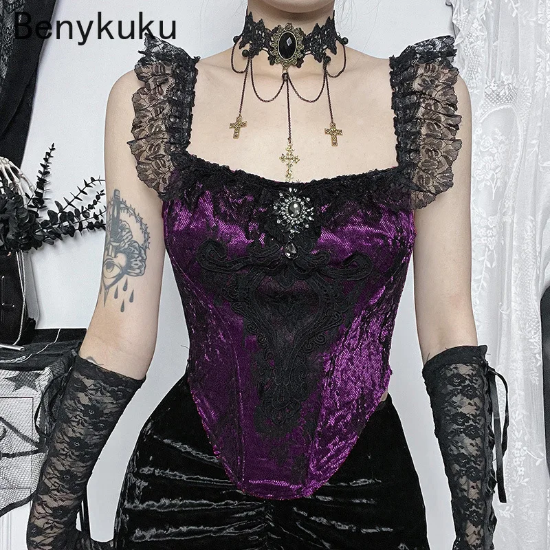 

Harajuku Velet Lace Trim Cropped Top Women Mall Goth Aesthetic Grunge T Shirt Corset Tank Top Gothic E-girl Emo Streetwear 2025