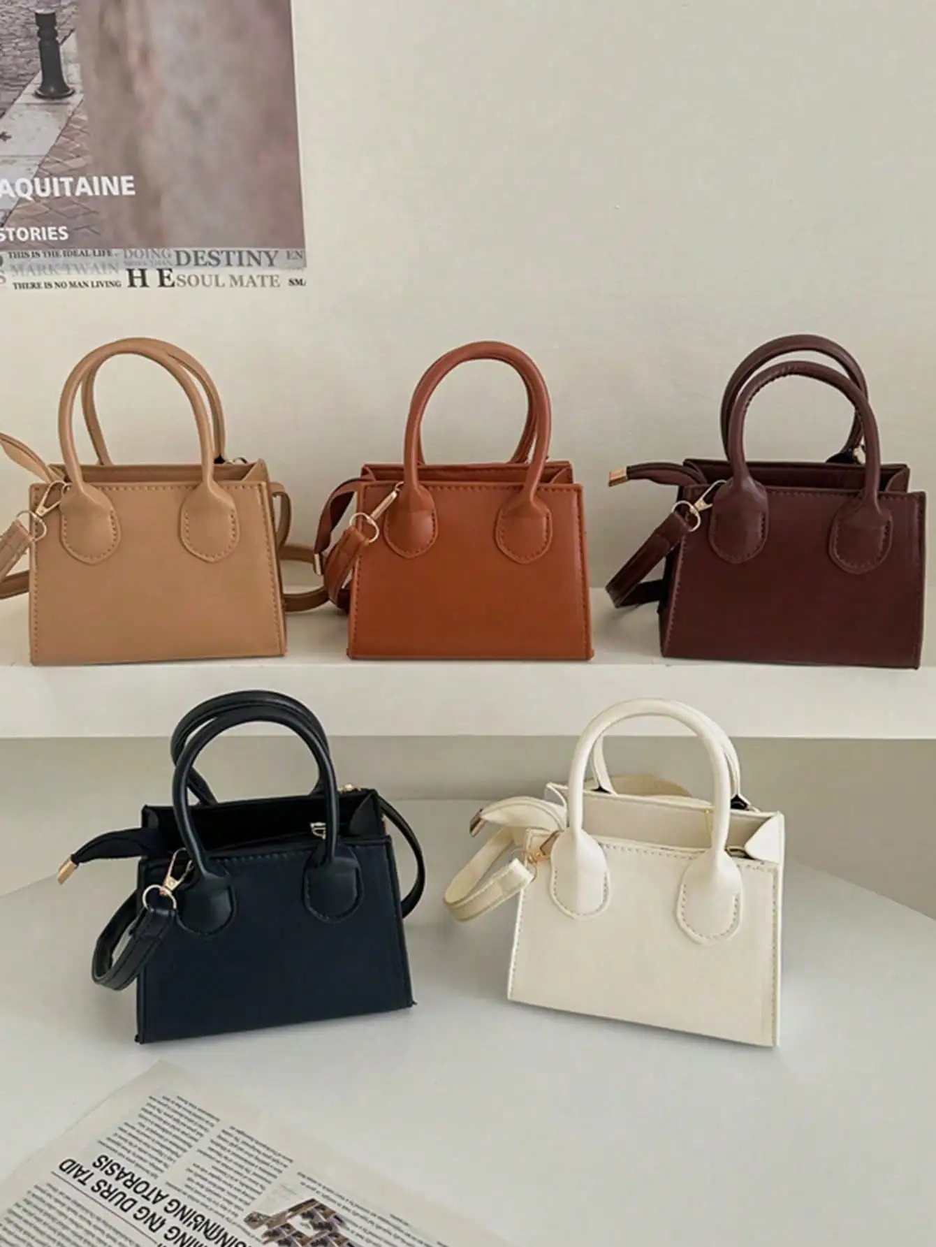 

Mini Square Top-Handle Bag with Adjustable Strap, PU Leather, 5 Colors