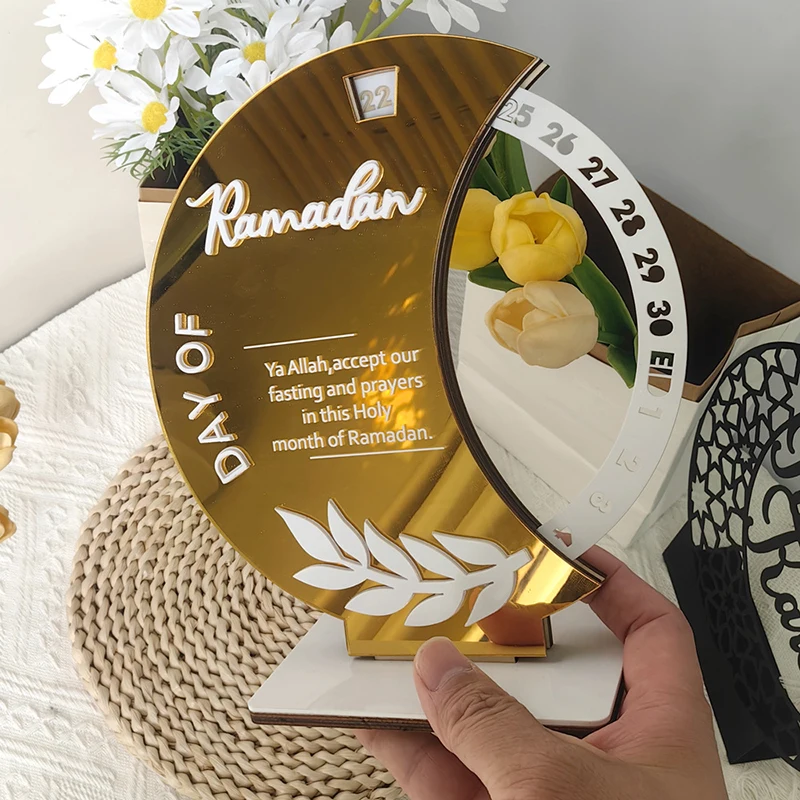 1pc Ramadan Goldene Halbmond Geformt Stehend Drehen Kalender Desktop Ornament Hause Schlafzimmer Wohnzimmer Party Dekoration Lieferungen
