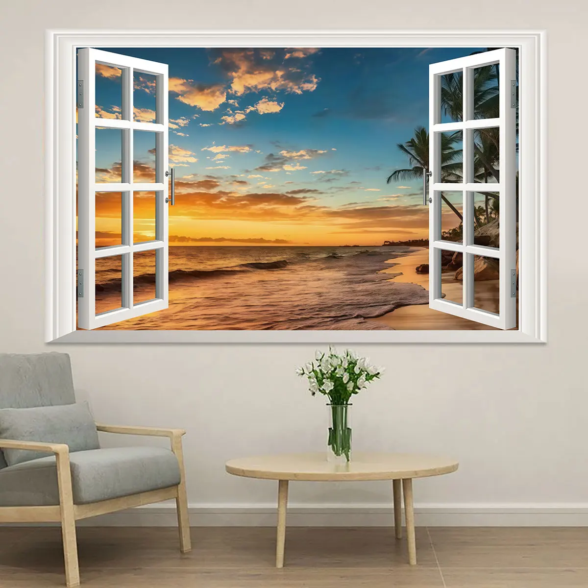 1pc Fake Window Sea View Coconut Grove Dusk Self Adhesive PVC Wall Sticker Living Room Bedroom Home Wall Art Decoration