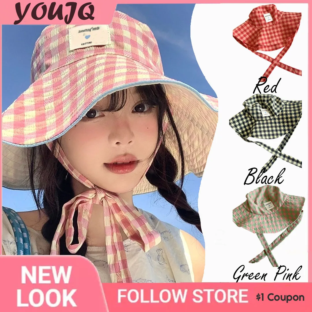 

Y2K Niche Retro Plaid Strap Bucket Hat Spring Summer Travel Hikking Versatile Wide Brim Sun Protection Women Cap Casquette Homme