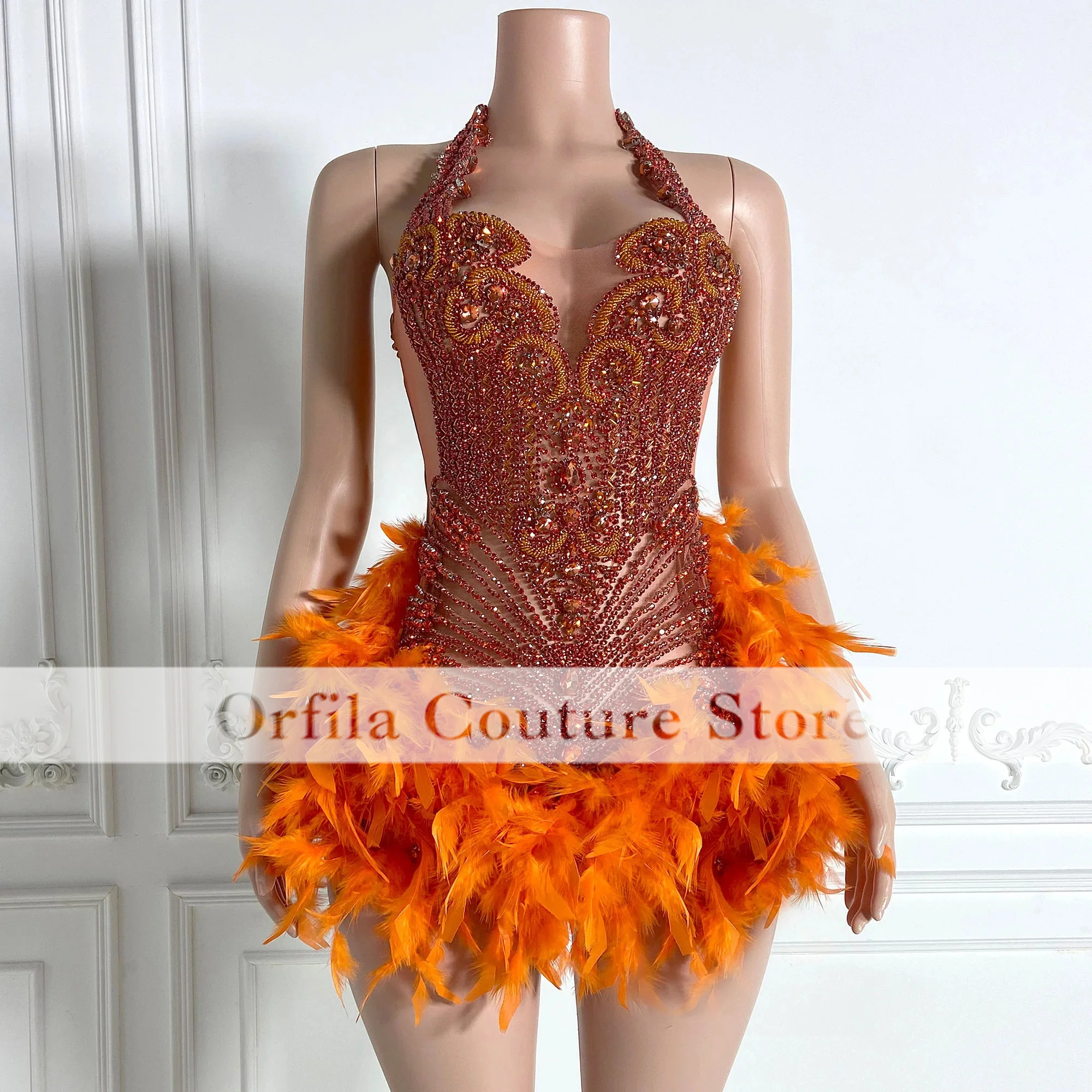 Sexy Black Girl Short Prom Dresses Customized Pink Halter Neck Silver Crystals Women Feather Cocktail Gowns For Birthday Party