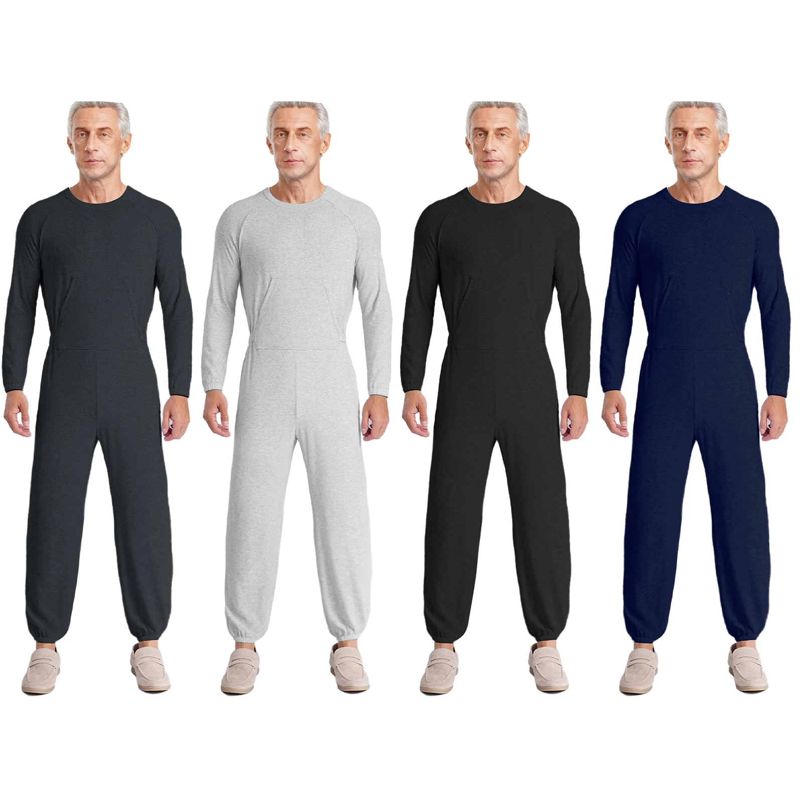 ชุดจั๊มสูทแบบปรับได้สำหรับผู้ชาย พร้อมดีไซน์ป้องกันการหลุดหลังและปลายแขนเสื้อยืดหยุ่น เสื้อผ้าที่ดูดีสำหรับผู้ป่วยอัมพาตสมอง ดูแลผู้สูงอายุ