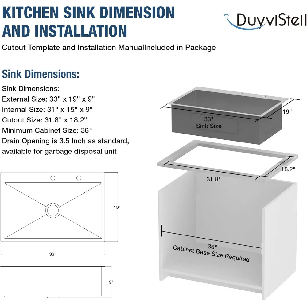 스테인리스 스틸 33인치 싱글볼 주방 싱크대 (배수구 포함) - 16게이지, 33x19x9 크기, 드롭인 스타일