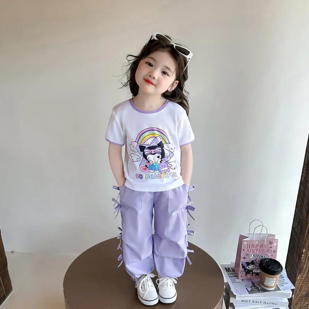 

Sanrio Kuromi Girls Summer Set New Short-Sleeved Pants Suit T-Shirt Trousers Tops Work Pants 3-8 Years Child Summer Clothing
